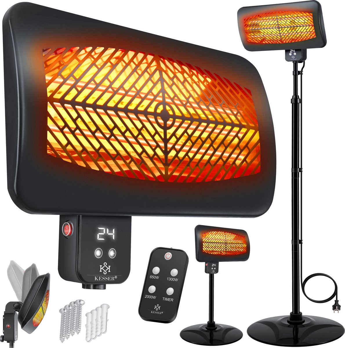 KESSER® Infrarood Kachel Elektrische Verwarming - Sfeerhaard voor Binnen en Buiten - Sfeervolle Terrasverwarmer met Afstandsbediening Electrische Verwarmer Staande Heater - Zwart