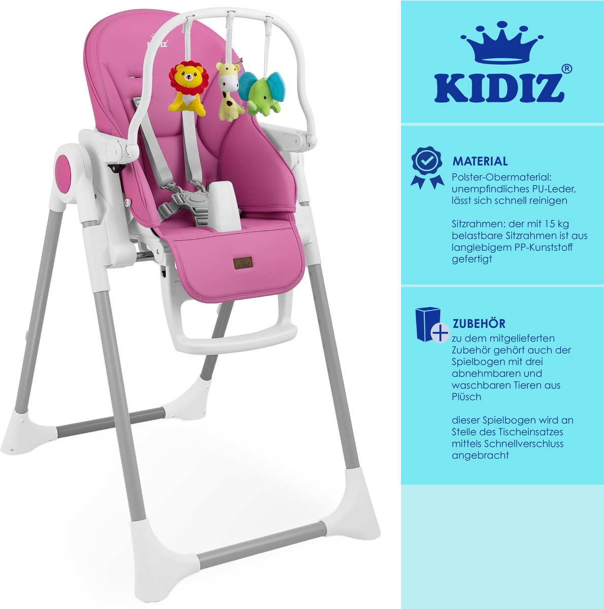 KIDIZ® 3in1 kinderstoel incl. speelbar, Eetstoel, Babystoel, combinatie kinderstoel, 7 in hoogte verstelbare rugleuning, meegroei van 0 maanden tot 6 jaar - Roze