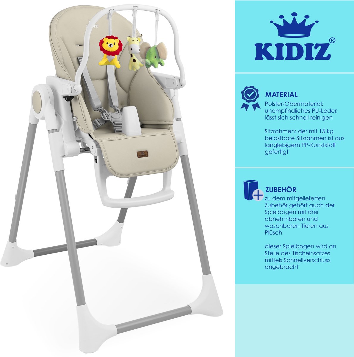 KIDIZ® 3in1 kinderstoel - Babystoel - Verstelbaar - Beige