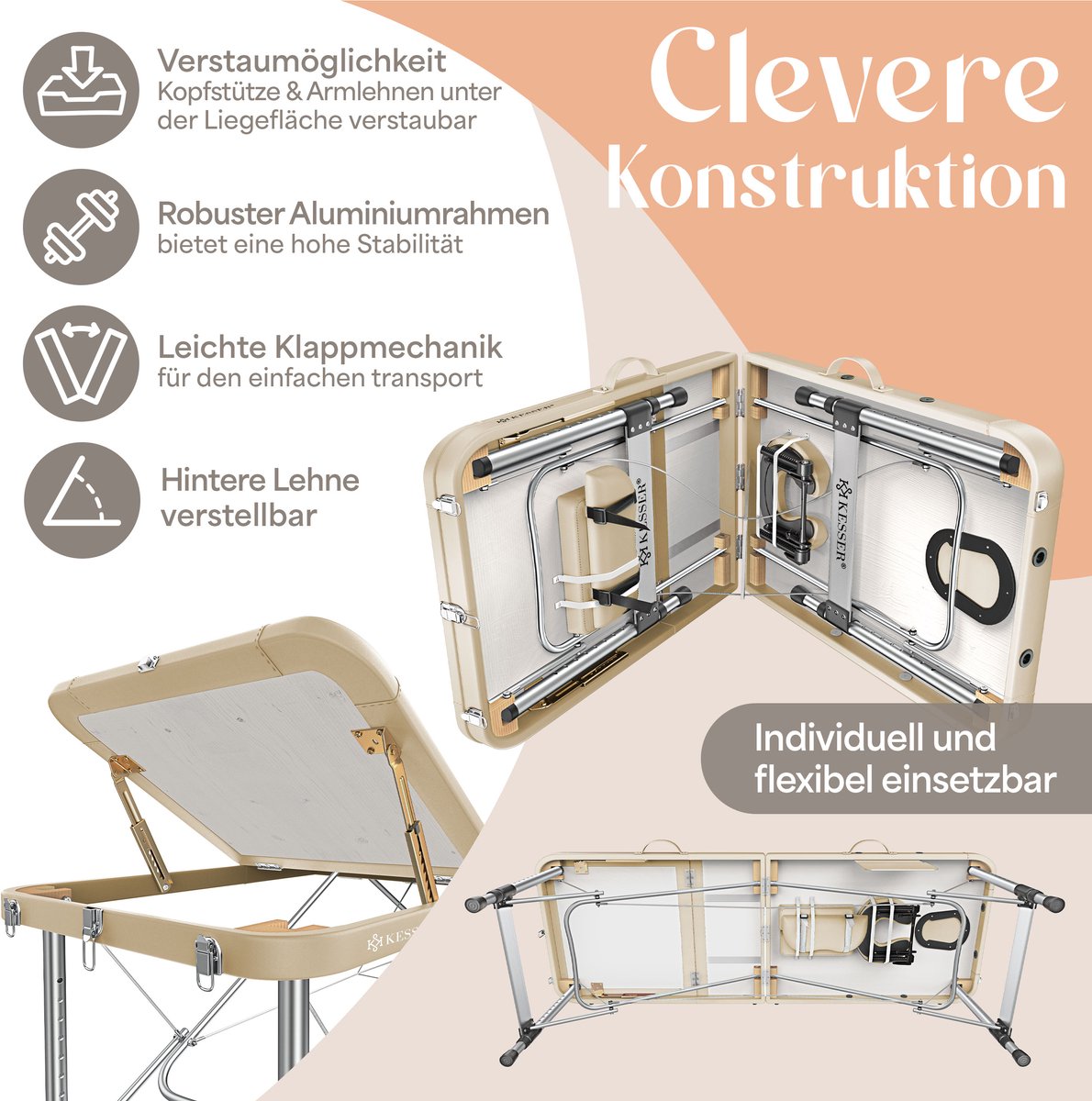 KESSER® Massagetafel inklapbaar 180x61x90cm | Behandeltafel 225kg Draagvermogen & In Hoogte Verstelbaar | Mobiele Massagebank 3-Zone | Aluminium Massagebed met Hoofdsteunen Armsteunen & opbergtas - Beige