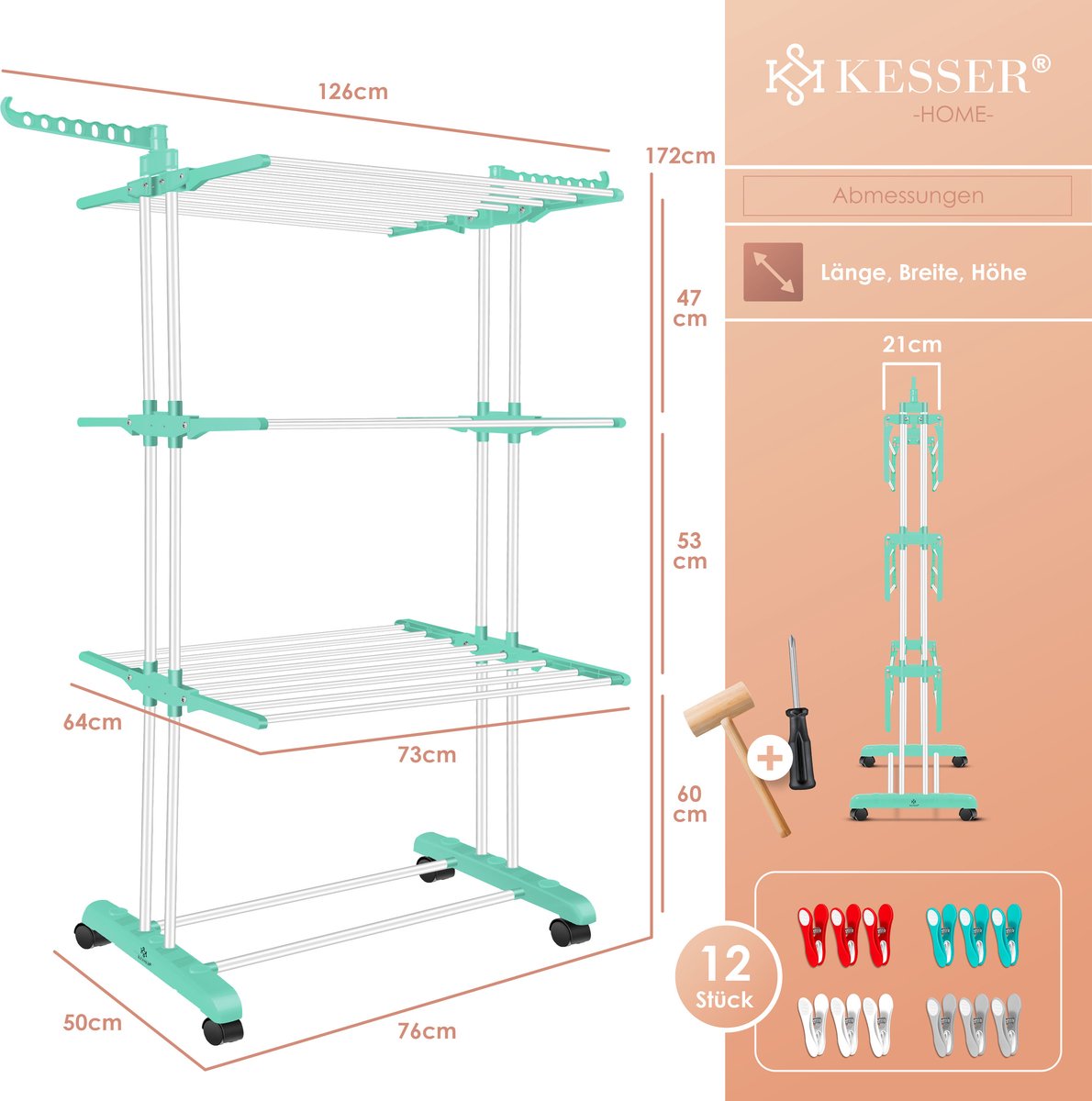 KESSER® Droogrek inklapbaar - Wasrek - Wit / Mintgroen