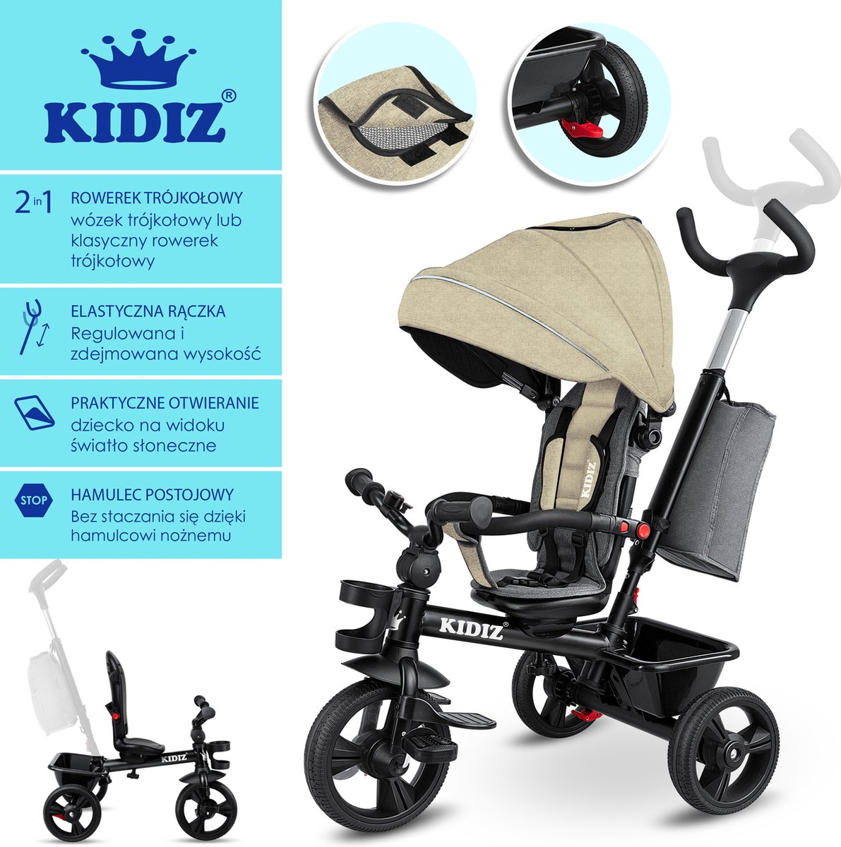 KIDIZ® 5in1 Kinderfiets - Loopfiets - Driewieler - Beige
