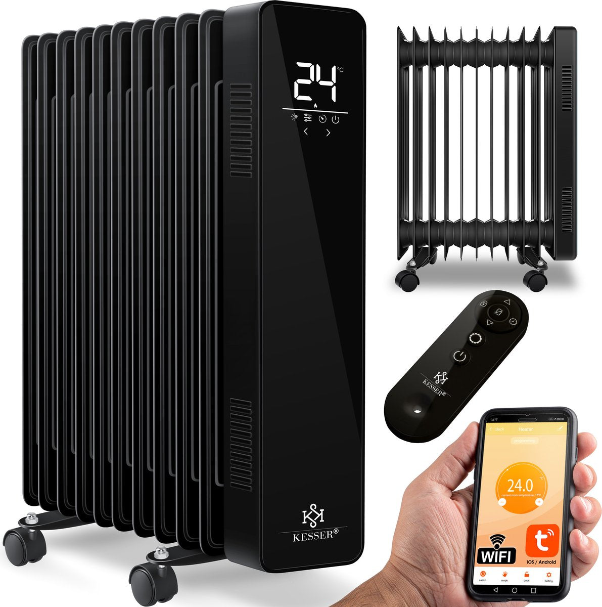 Olieradiator - 2500W Heater - Elektrische kachel - met Thermostaat - Zwart - KESSER®