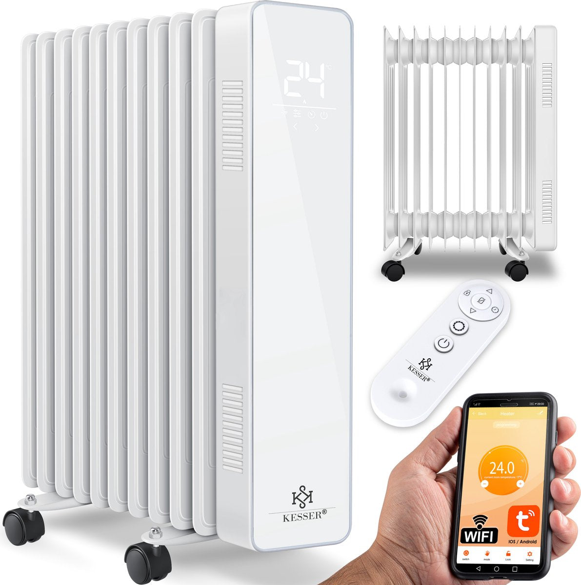 KESSER® Olieradiator - Oliegevulde Radiator 2500W - Elektrische Kachel Energiebesparing met Thermostaat - Touchscreen LED Display WiFi App & Afstandsbediening Electrische Verwarming - Wit