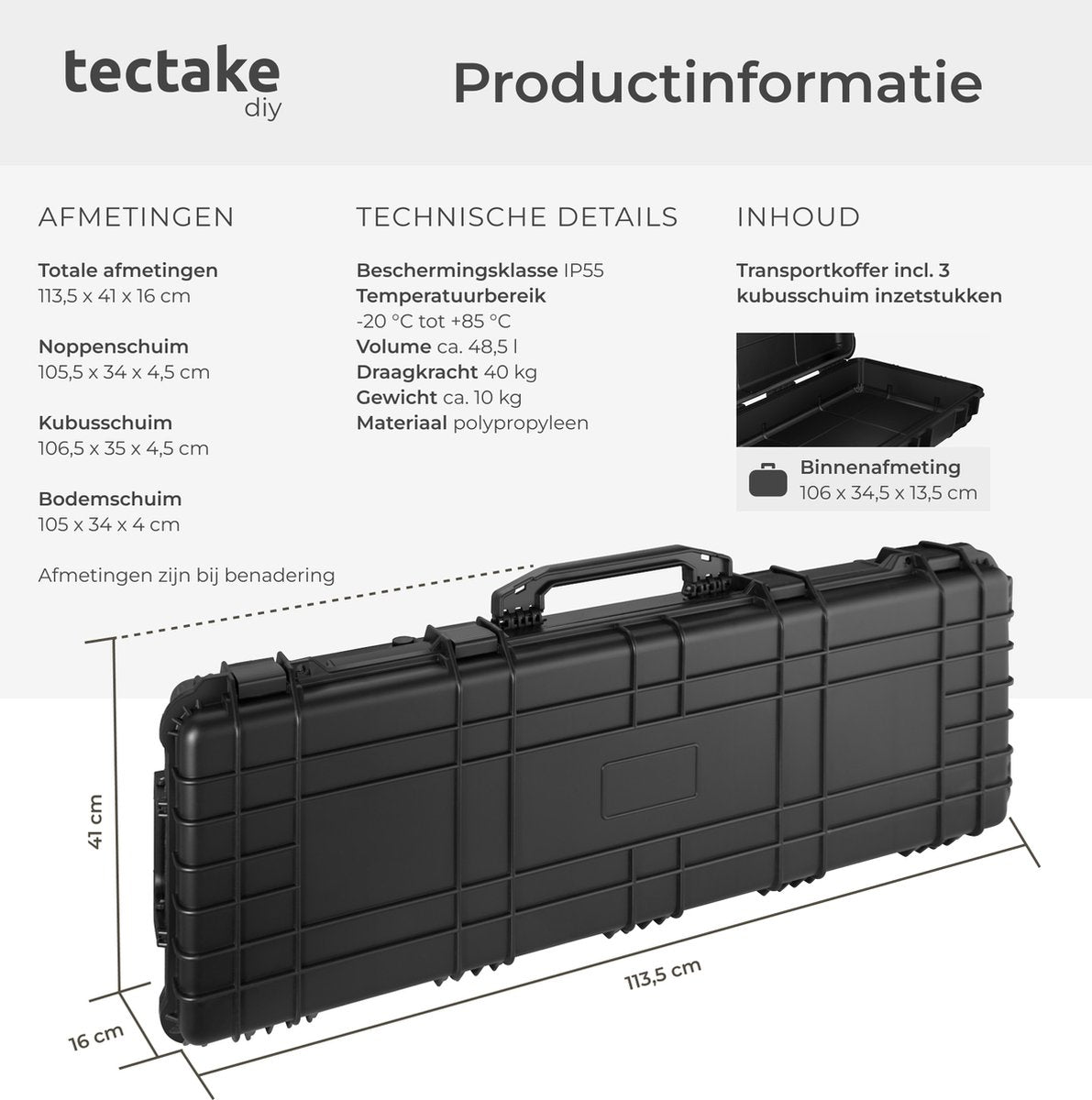 tectake® - Universele box koffer lang - Camerakoffer - Draagbaar (3 handgrepen) - Incl. schuimstof, 2 wielen en knipsluitingen - Harde schaal - 113,5 x 41 x 16 cm - Trolley