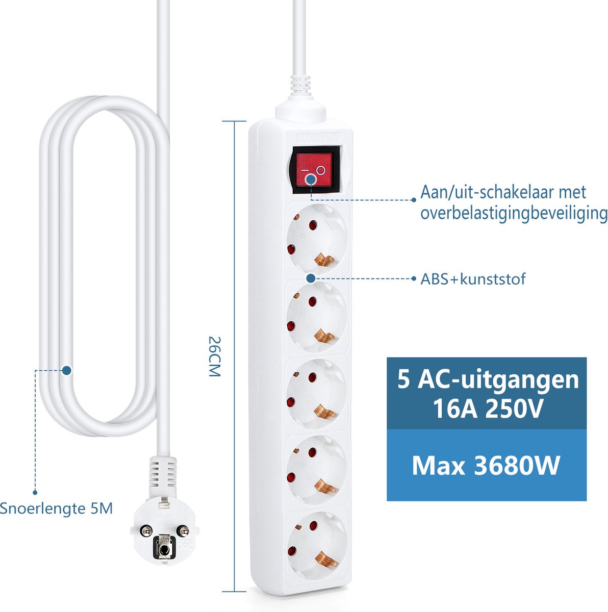 Aigostar 20FIA Stekkerdoos - 5-voudig - 5 meter - Met Schakelaar - Met randaarde - Verlengsnoer - Verlengkabel - Wit •