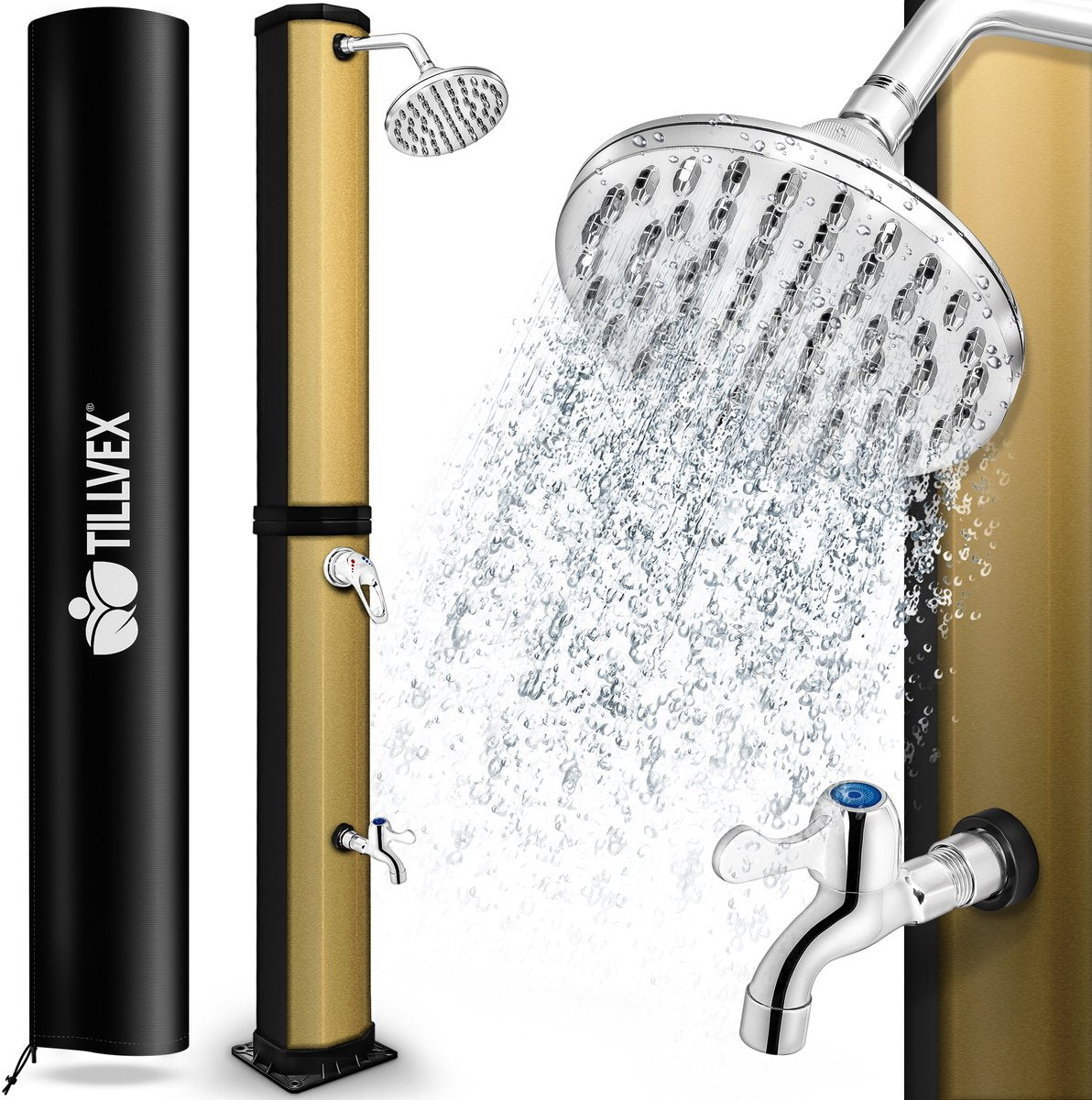 tillvex zonnedouche 35 liter inclusief Beschermhoes | Tuindouche voor de tuin warm water | Zwembad-douche camping | zonder stroomaansluiting | met kraan en regendouchekop | Tuinslangaansluiting