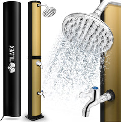 tillvex zonnedouche 35 liter inclusief Beschermhoes | Tuindouche voor de tuin warm water | Zwembad-douche camping | zonder stroomaansluiting | met kraan en regendouchekop | Tuinslangaansluiting