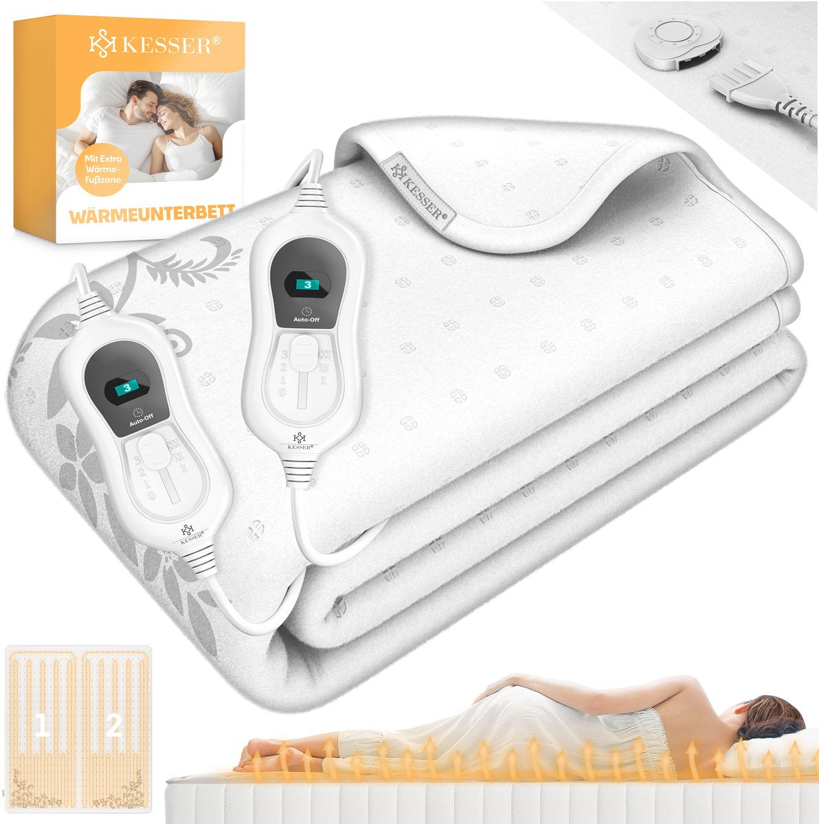 KESSER® Elektrische Onderdeken Warmtedeken met automatisch uitschakelende afstandsbediening | warmte deken met 3 temperatuurstanden | voor matrasverwarming | van zacht fleece - Wit met motief (160 cm x 140 cm)
