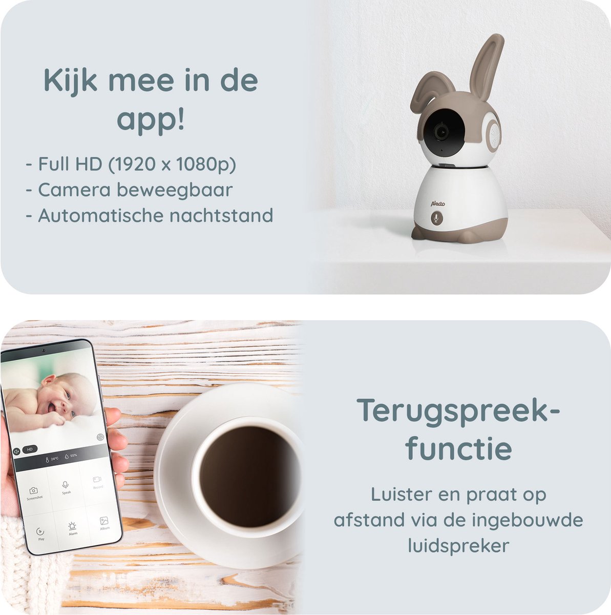 Alecto Wifi Babyfoon met Camera en App - Beweegbaar - Beige