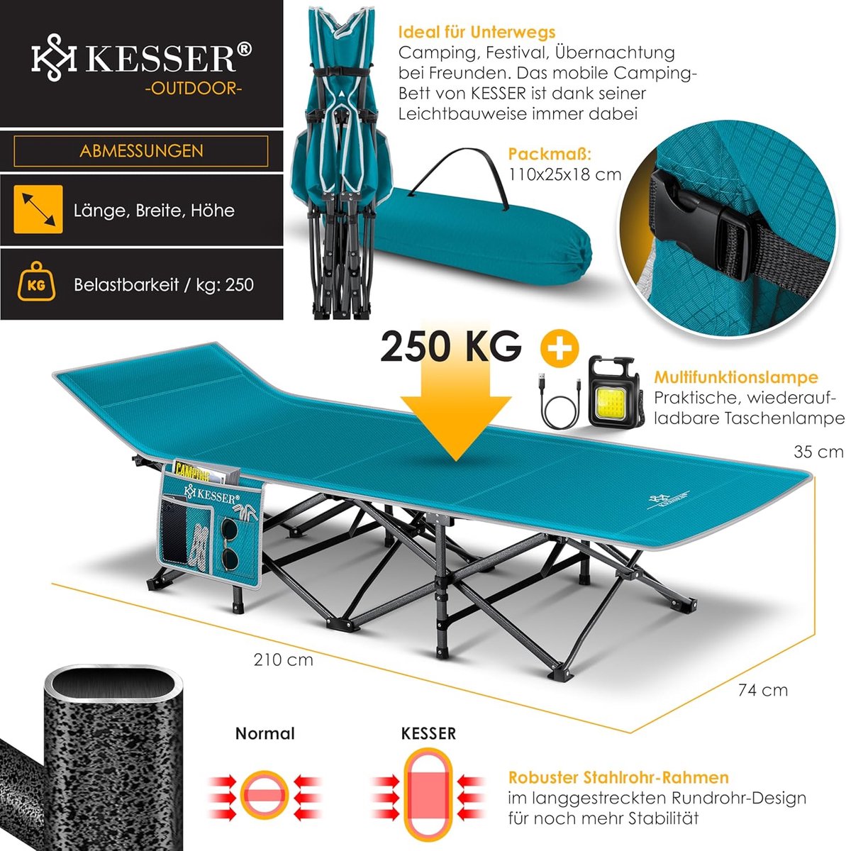KESSER® Campingbed, veldbed, inklapbaar klapbed, campingbed incl. draagtas, campinglicht + zijzak, stabiel veldbed, 250 kg belastbaar, metalen buis, 600D Oxford-weefsel, draagbaar ligbed, comfortabel