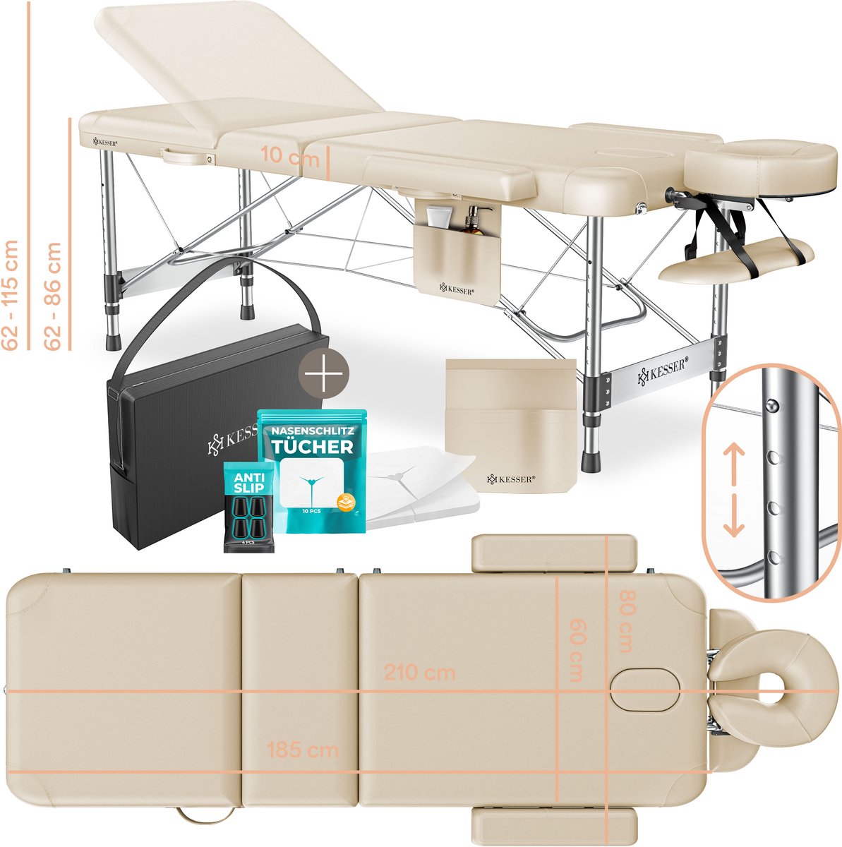KESSER® Massagetafel inklapbaar 180x61x90cm | Behandeltafel 225kg Draagvermogen & In Hoogte Verstelbaar | Mobiele Massagebank 3-Zone | Aluminium Massagebed met Hoofdsteunen Armsteunen & opbergtas - Beige