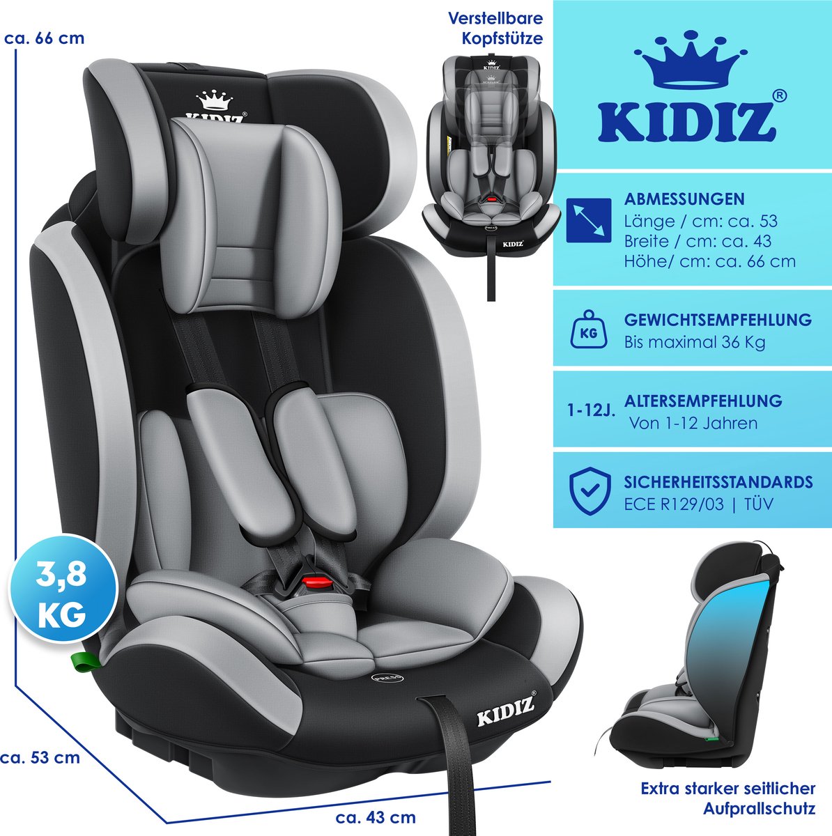 KIDIZ® Autostoeltje - 5-punts veiligheidsgordel - Grijs