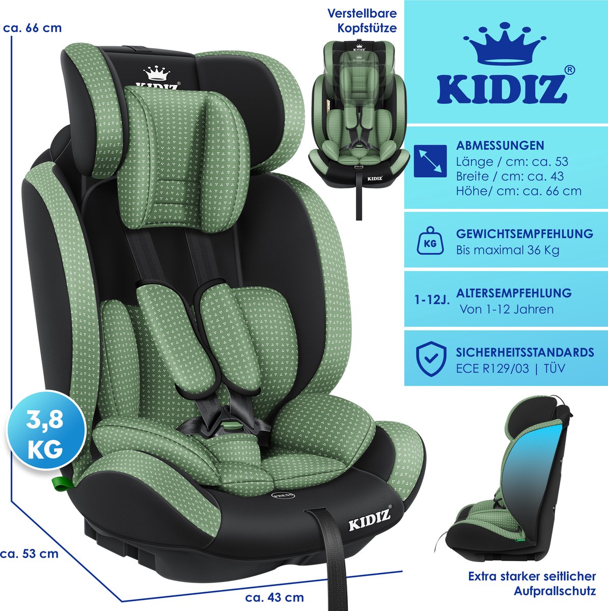 KIDIZ® Autostoeltje - 5-punts veiligheidsgordel - Groen