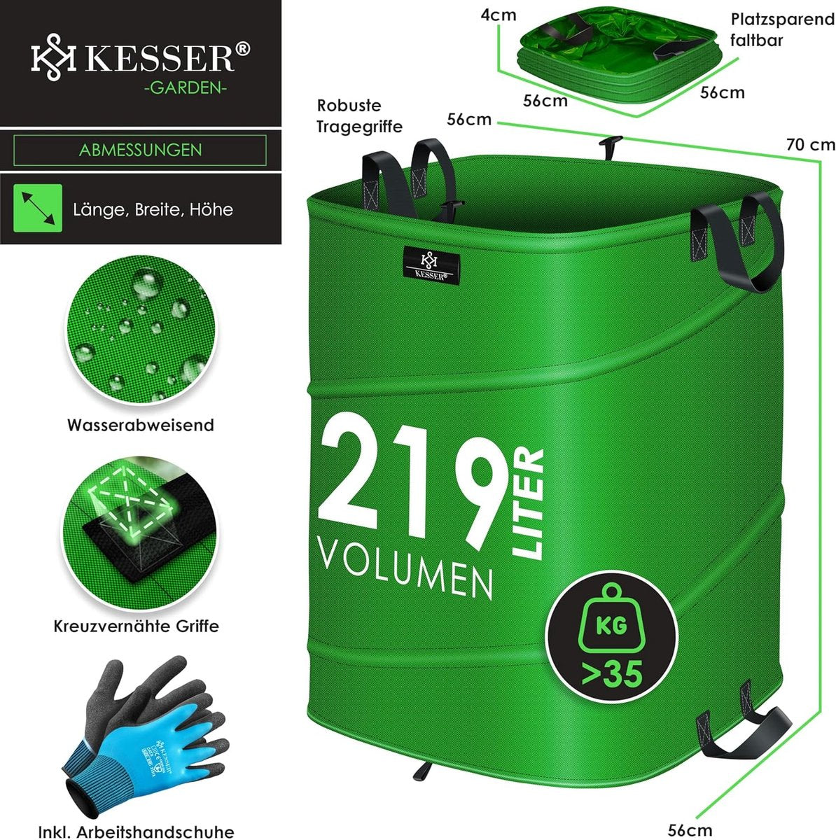 KESSER® Pop-up-tuinzak, 219 liter, inclusief handschoenen, zelfstaand met handgrepen, stabiel, robuust en opvouwbaar, voor het snijden van gazon, tuinzakken voor tuinafval, groen snijden