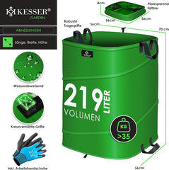 KESSER® Pop-up-tuinzak, 219 liter, inclusief handschoenen, zelfstaand met handgrepen, stabiel, robuust en opvouwbaar, voor het snijden van gazon, tuinzakken voor tuinafval, groen snijden