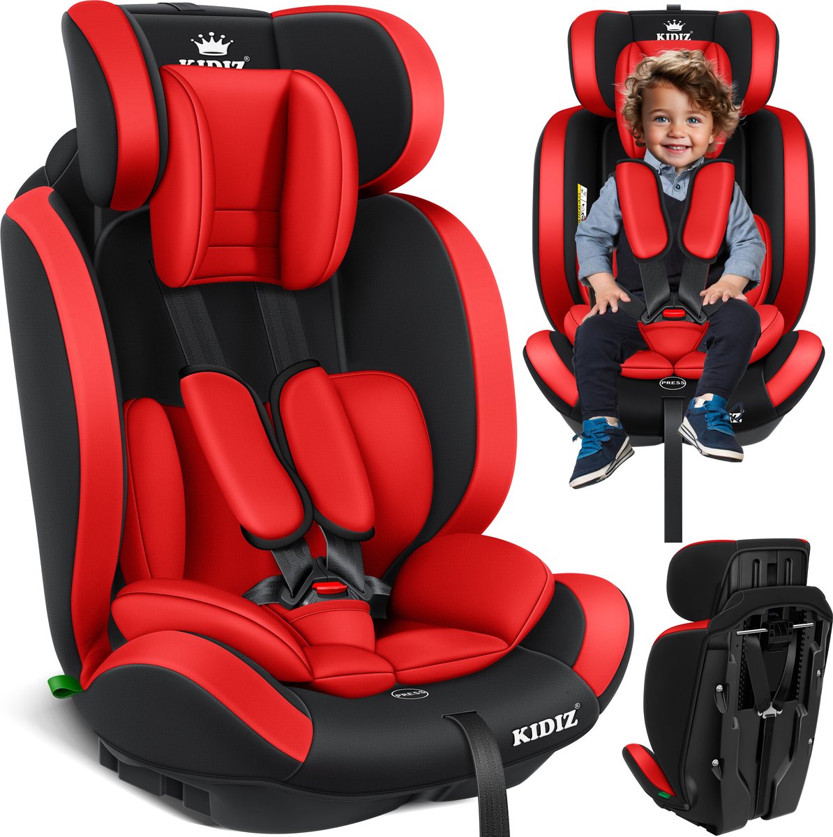 KIDIZ® Autostoeltje Groep 1+2+3  9-36 kg 5-punts veiligheidsgordel, Autostoeltje, Kinderzitje, Verstelbare Hoofdsteun | Stoelverhoger 1-12 jaar, Stabiel en Veilig - Rood