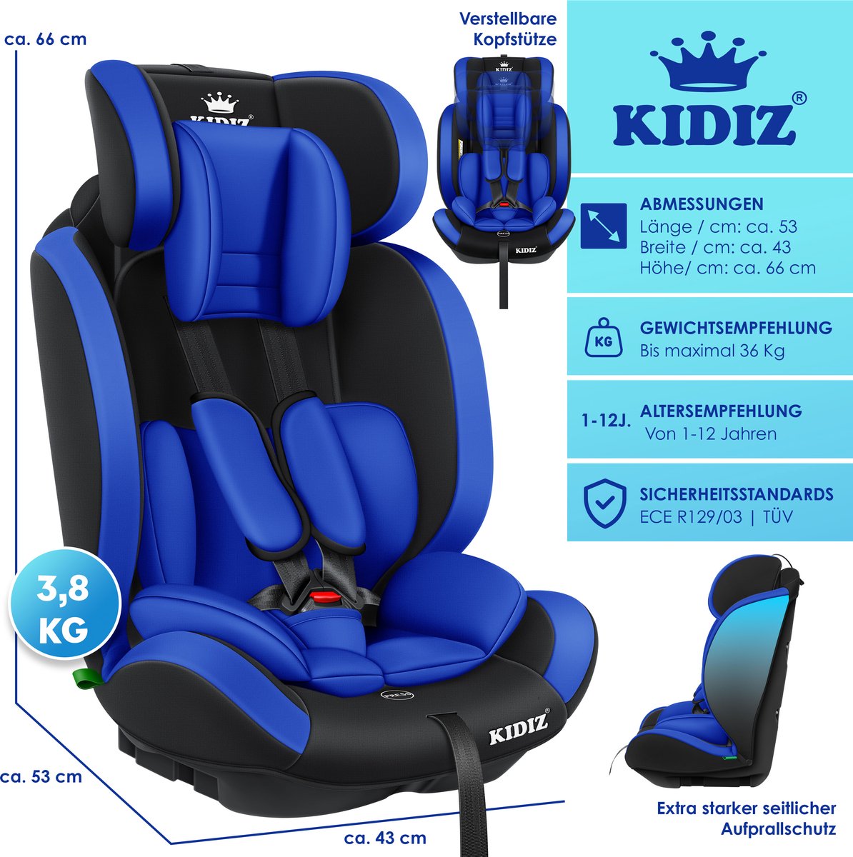 KIDIZ® Autostoeltje - 5-punts veiligheidsgordel - Blauw