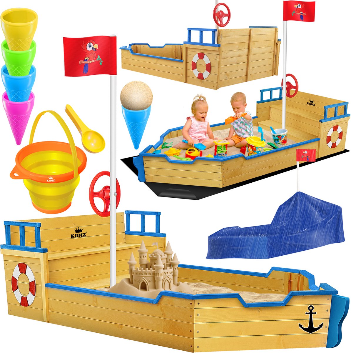 KIDIZ® Zandbak piratendesign - Met bankje - Bruin