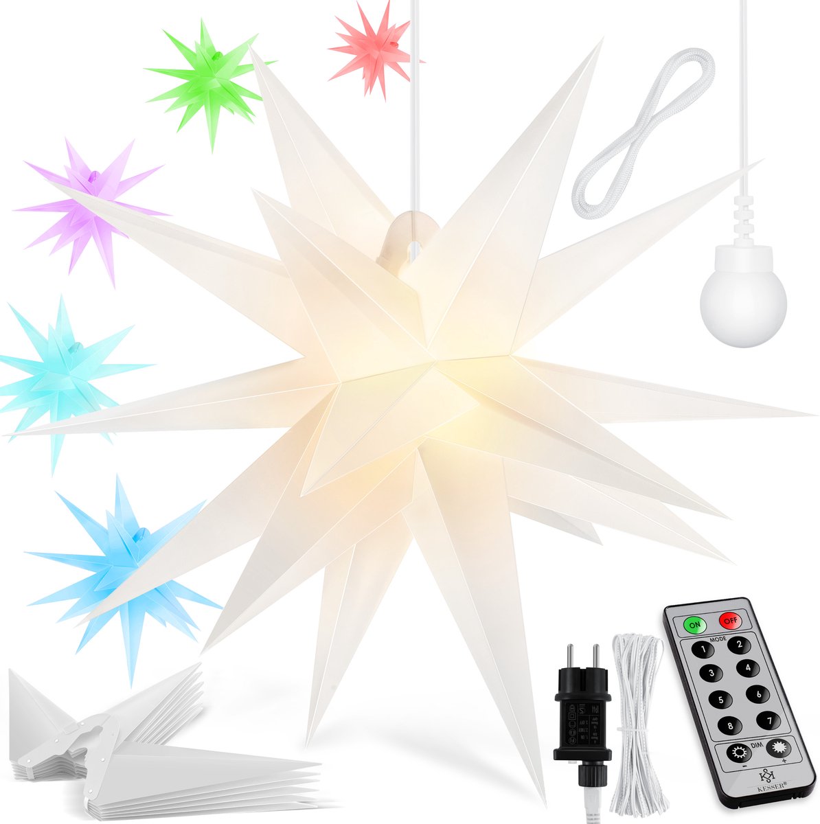KESSER® LED Kerst Ster 3D, LED Verlichting met Timer, Kerstster Lampjes voor Binnen en Buiten, Kerstverlichting Advent Ster Verlichte Hangend, Warm Wit Licht - Kleurrijk / 45 cm, met afstandsbediening