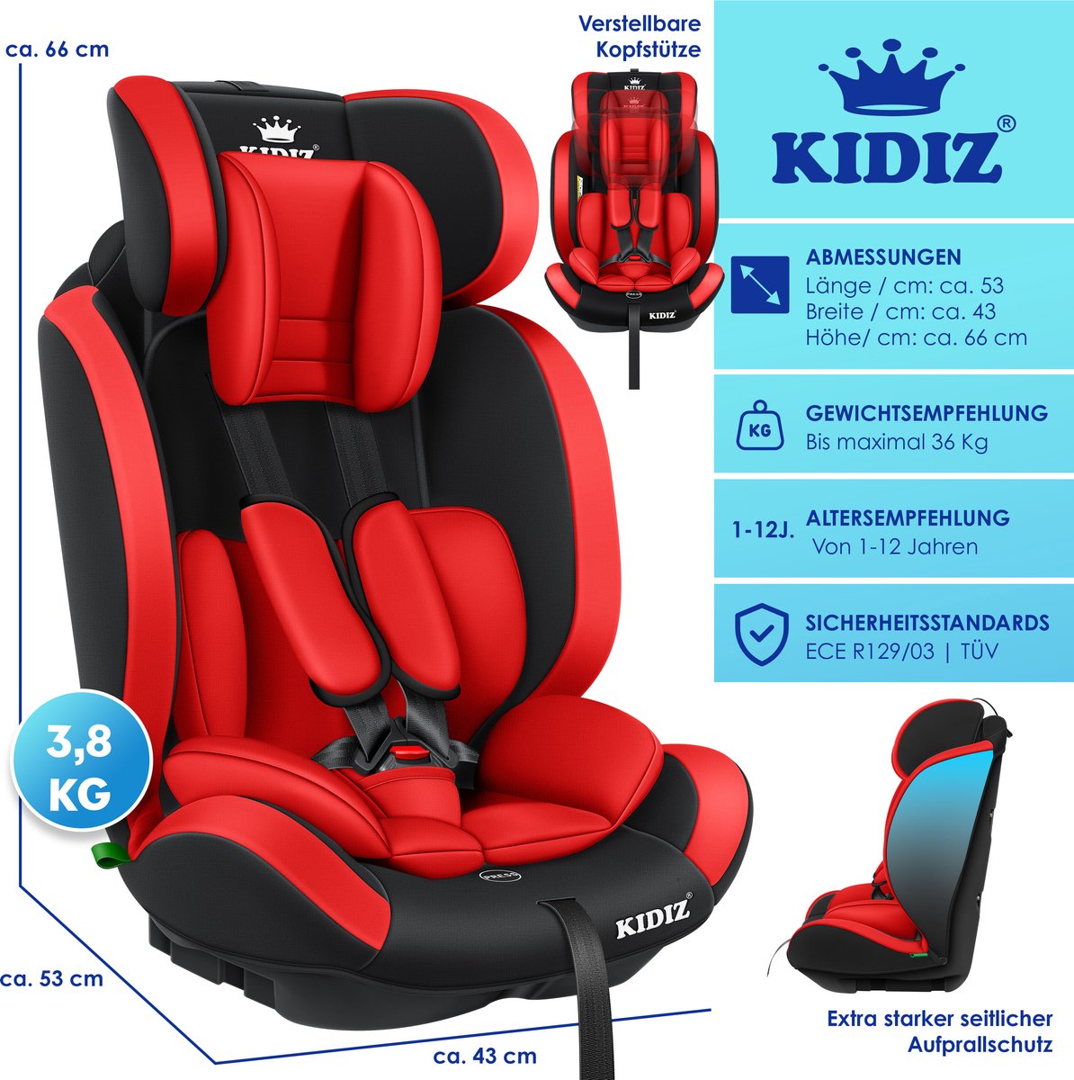 KIDIZ® Autostoeltje Groep 1+2+3  9-36 kg 5-punts veiligheidsgordel, Autostoeltje, Kinderzitje, Verstelbare Hoofdsteun | Stoelverhoger 1-12 jaar, Stabiel en Veilig - Rood
