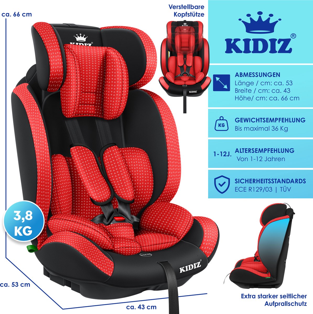 KIDIZ® Autostoeltje - 5-punts veiligheidsgordel - Rood