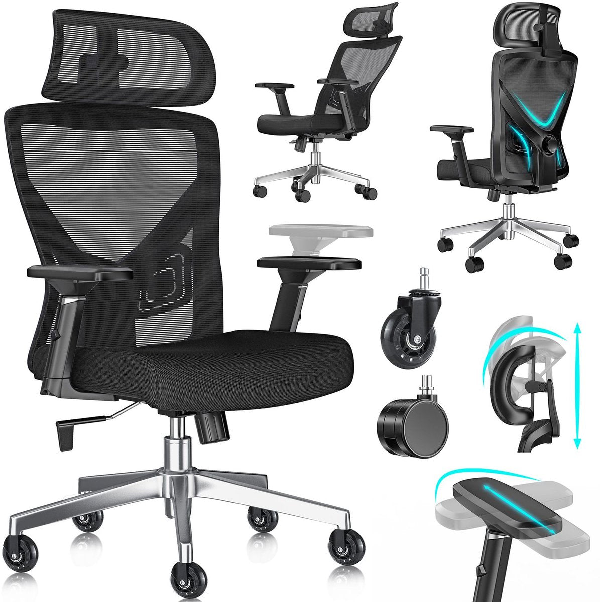 KESSER® Bureaustoel | Ergonomische Bureaustoelen voor Volwassenen | verstelbare rugleuning | in hoogte verstelbaar | Hoofdsteun & Lendensteun | office Chair met 5x rubberen wielen - Zwart / Zilver