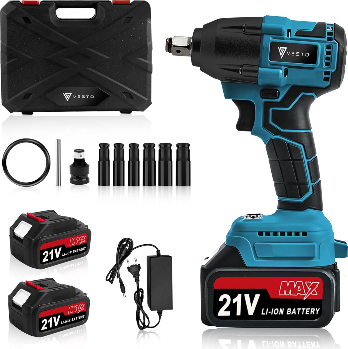 Vesto® Accu Slagmoersleutel 21V - incl. 6x Moerdoppen, Bitadapter, Borging en 2x Accu - 600Nm - Slagmoersleutelset - Slagmoersleutel met accu - Elektrisch - Slagschroevendraaier - Wieldoppen
