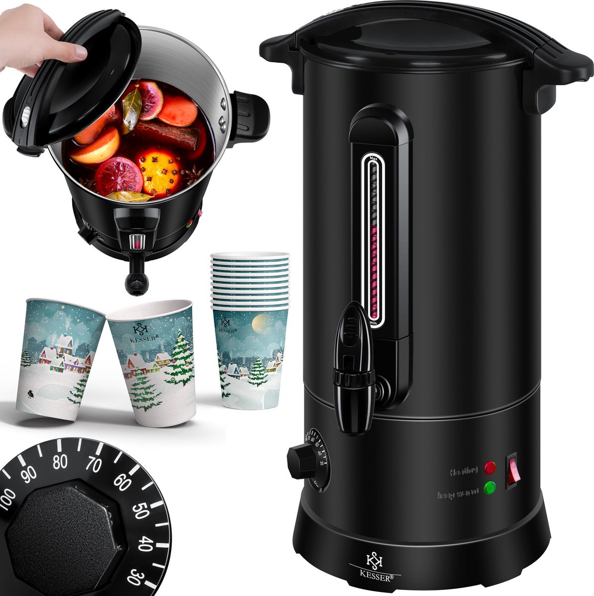 KESSER® Gluhweinketel 10 Liter - Elektrische Ketel voor Gluhwein - Glühweinketel Roestvrij Staal Incl. 10x Mokken Warm Dranken Dispenser voor Glühwein met Thermostaat Water Koker - Zwart