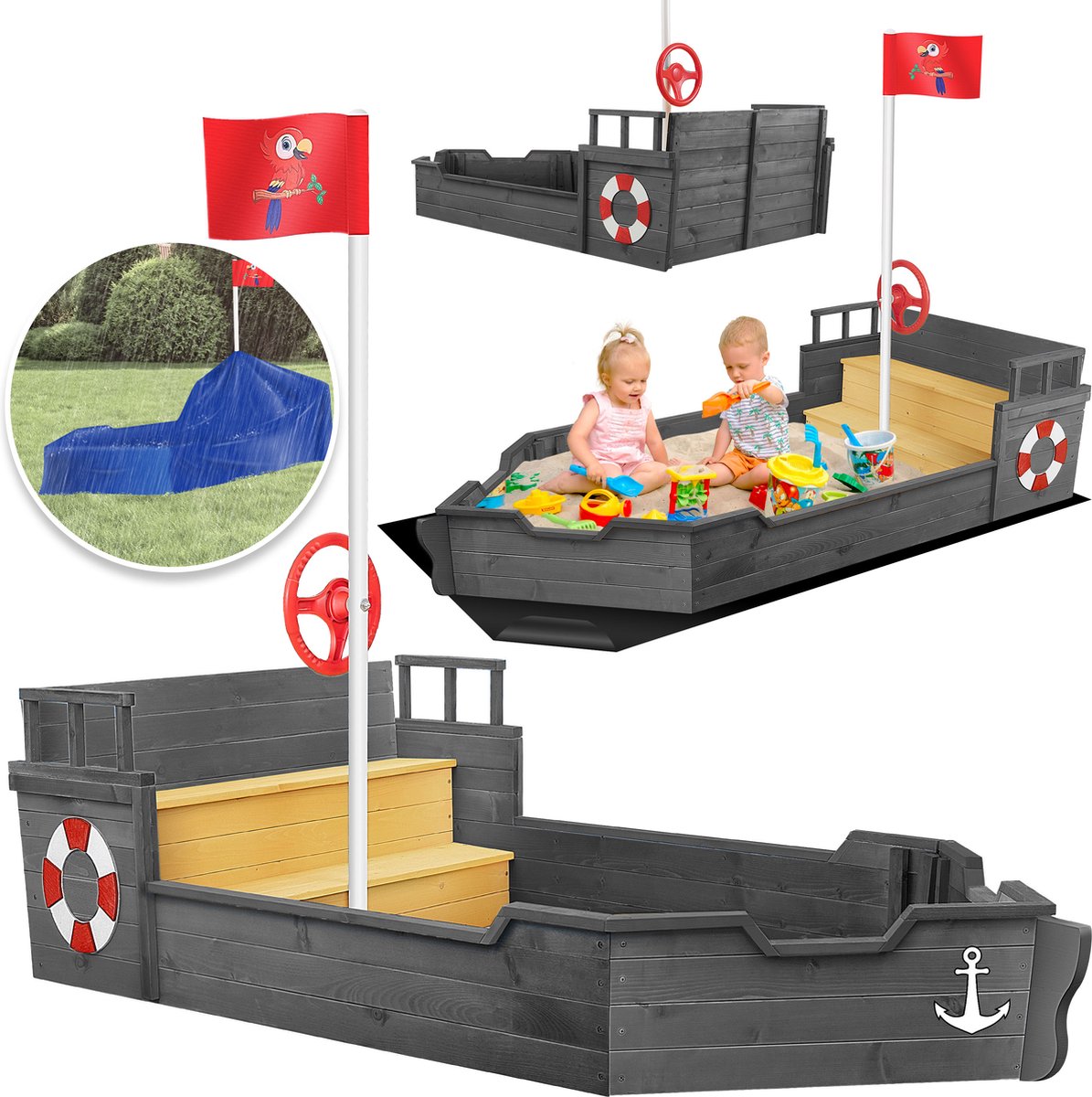KIDIZ® Zandbak piratendesign - Met bankje - Antraciet