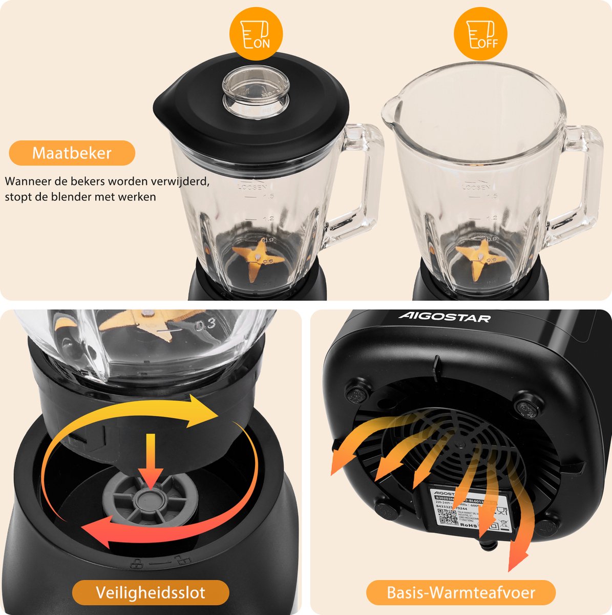 Aigostar Blender - Glazen Kan - Smoothie Maker - 1,5L - 600W - Zwart