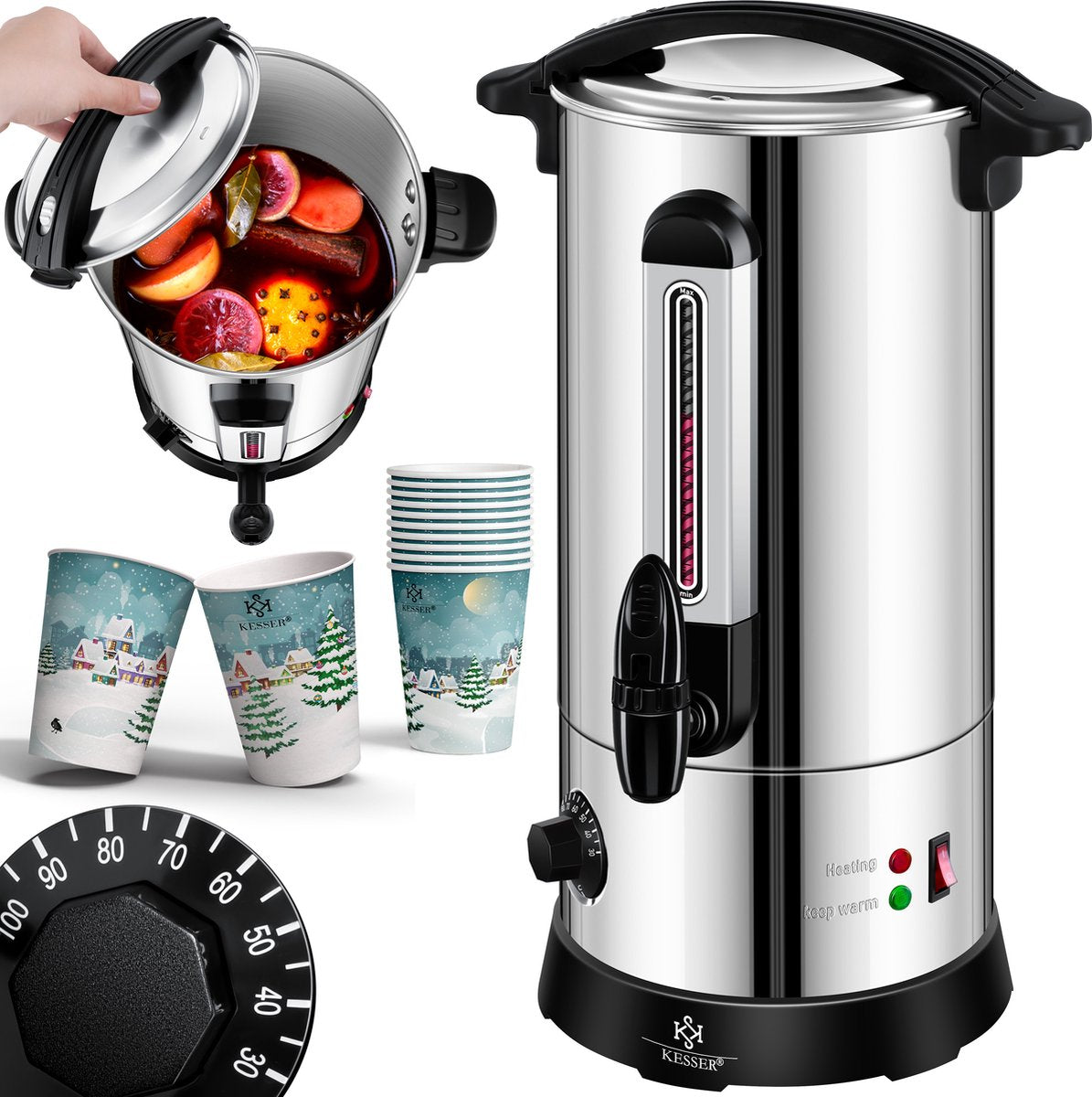 KESSER® Gluhweinketel 10 Liter - Elektrische Ketel voor Gluhwein - Glühweinketel Roestvrij Staal Incl. 10x Mokken Warm Dranken Dispenser voor Glühwein met Thermostaat Water Koker - Zilver