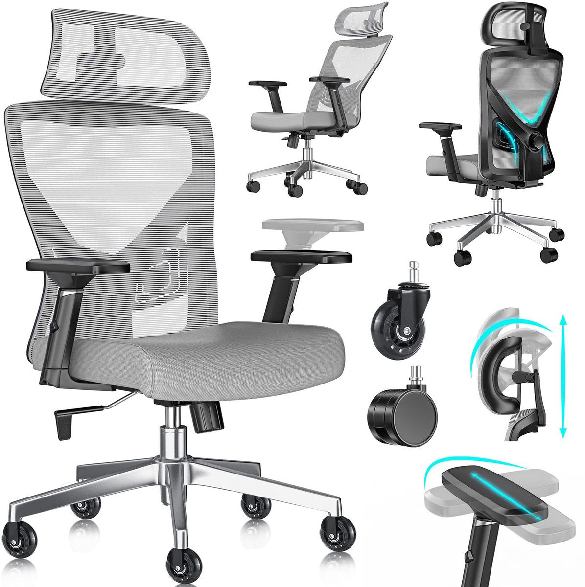KESSER® Bureaustoel | Ergonomische Bureaustoelen voor Volwassenen | verstelbare rugleuning | in hoogte verstelbaar | Hoofdsteun & Lendensteun | office Chair met 5x rubberen wielen - Zwart / Zilver