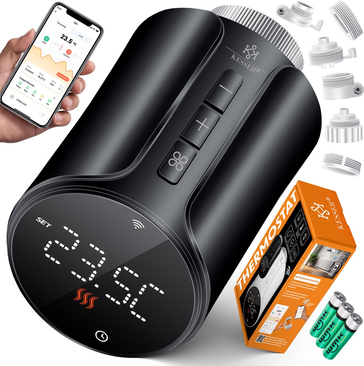 KESSER® Slimme Radiatorknop - Thermostaatkop - LCD-scherm - Zwart