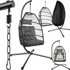 tectake® - Luxe hangstoel - Opvouwbare en draaibare egg chair met standaard - Dikke kussens - Antislipvoeten - Inclusief beschermhoes - Ideaal voor buiten, tuin, terras en slaapkamer - Donkergrijs