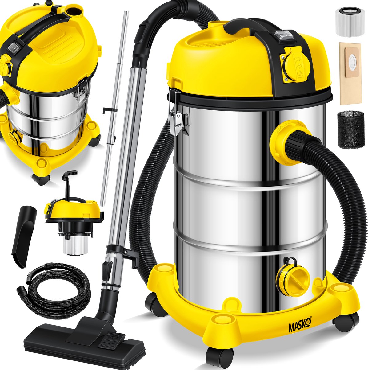 MASKO® Industriële stofzuiger 2300W - Droog- & Natzuigen - Geel