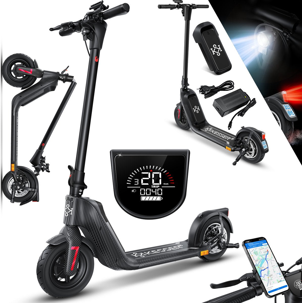 KESSER® Elektrische Step 10" E-Scooter Max. 25km/h - Electrische Scooter Bereik ±40km Opvouwbare 450W E-Step 10ah max. belasting tot 120 kg - Carboon