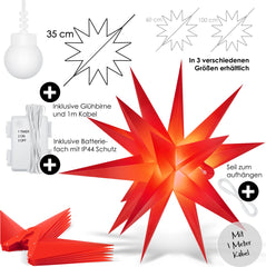 KESSER® LED Kerst Ster 3D, LED Verlichting met Timer, Kerstster Lampjes voor Binnen en Buiten, Kerstverlichting Advent Ster Verlichte Hangend, Warm Wit Licht - Rood / 35 cm, met Timer
