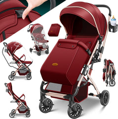 KIDIZ® Buggy 3 in 1 Kinderwagen Inklapbaar met voetenzak Baby Plooibuggy Wandelwagen inclusief Bekerhouder, regenhoes & klamboe Reisbuggy - Rood / Champagne