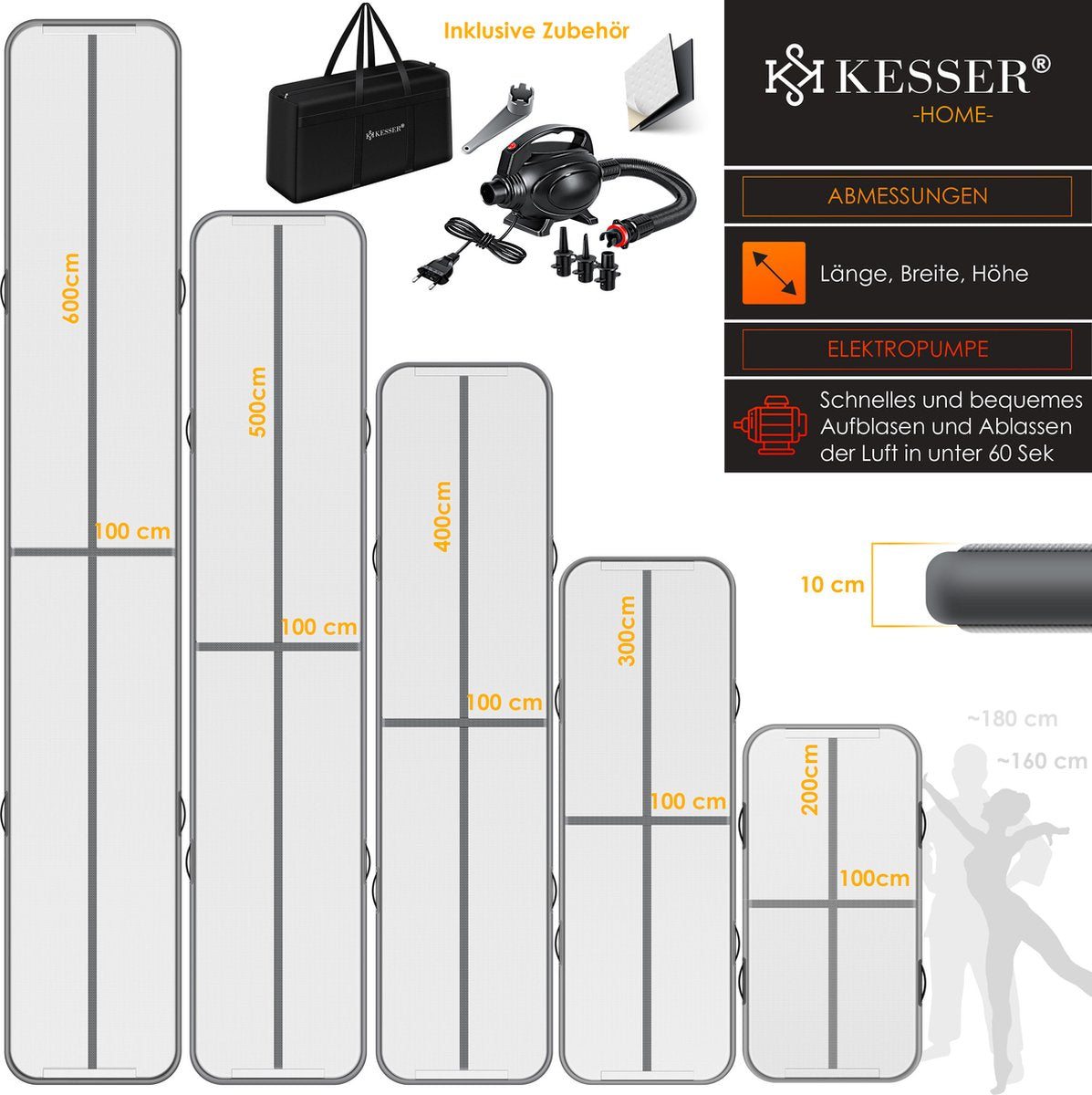 KESSER® Gymnastiekmat - Airtrack - Turnmat - 4M - Antraciet