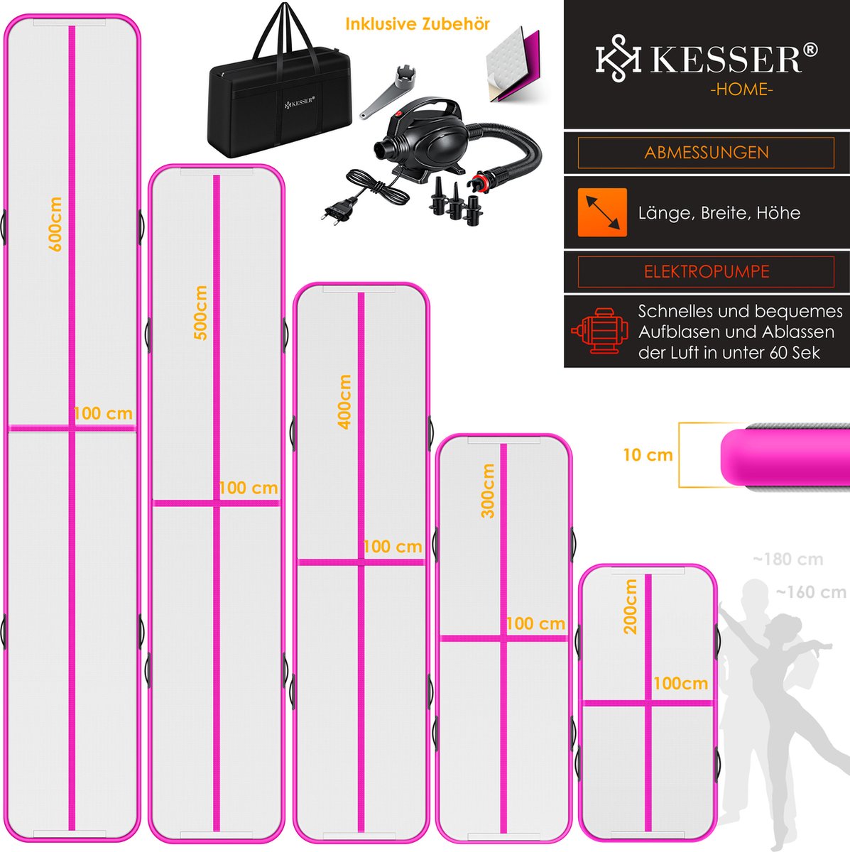 KESSER® Gymnastiekmat Opblaasbare Airtrack Fitnessmat|Yogamat,Tumblingmatten,Trainingsmat,Sportmat |Sporten & Spelen|Buiten & Binnen|incl. Draagtas & Electr. Luchtpomp - Roze / 6M