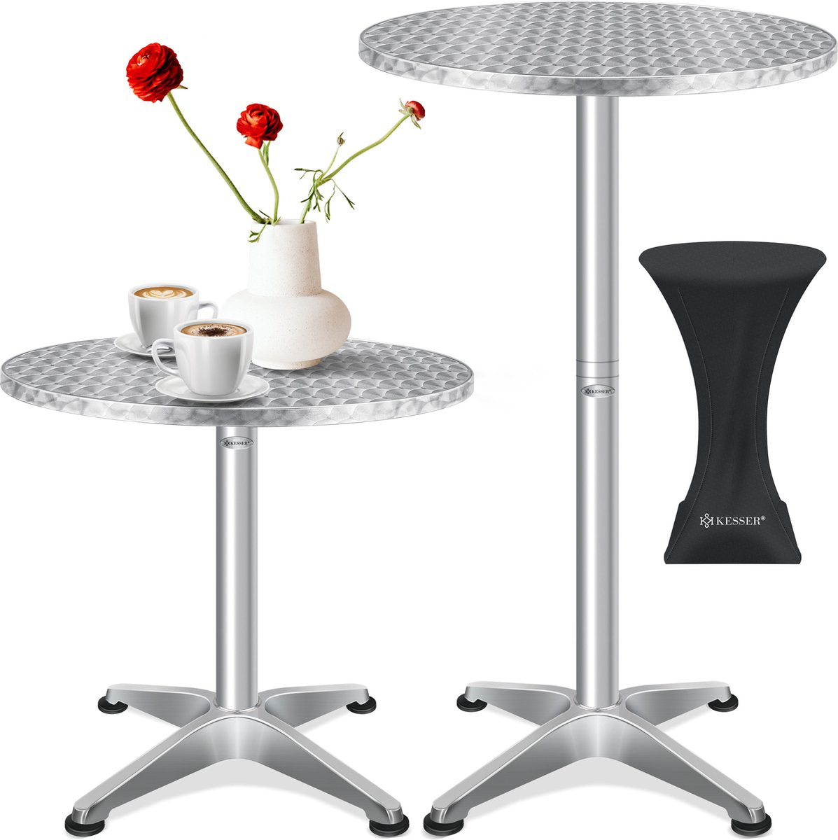 KESSER® bartafel bistrotafel 2in1 aluminium roestvrij stalen blad | in hoogte verstelbaar | 70cm / 115cm | partytafel tafel Ø 80cm | binnen & buiten | bruiloft | receptietafel | 4 poten - Zilver