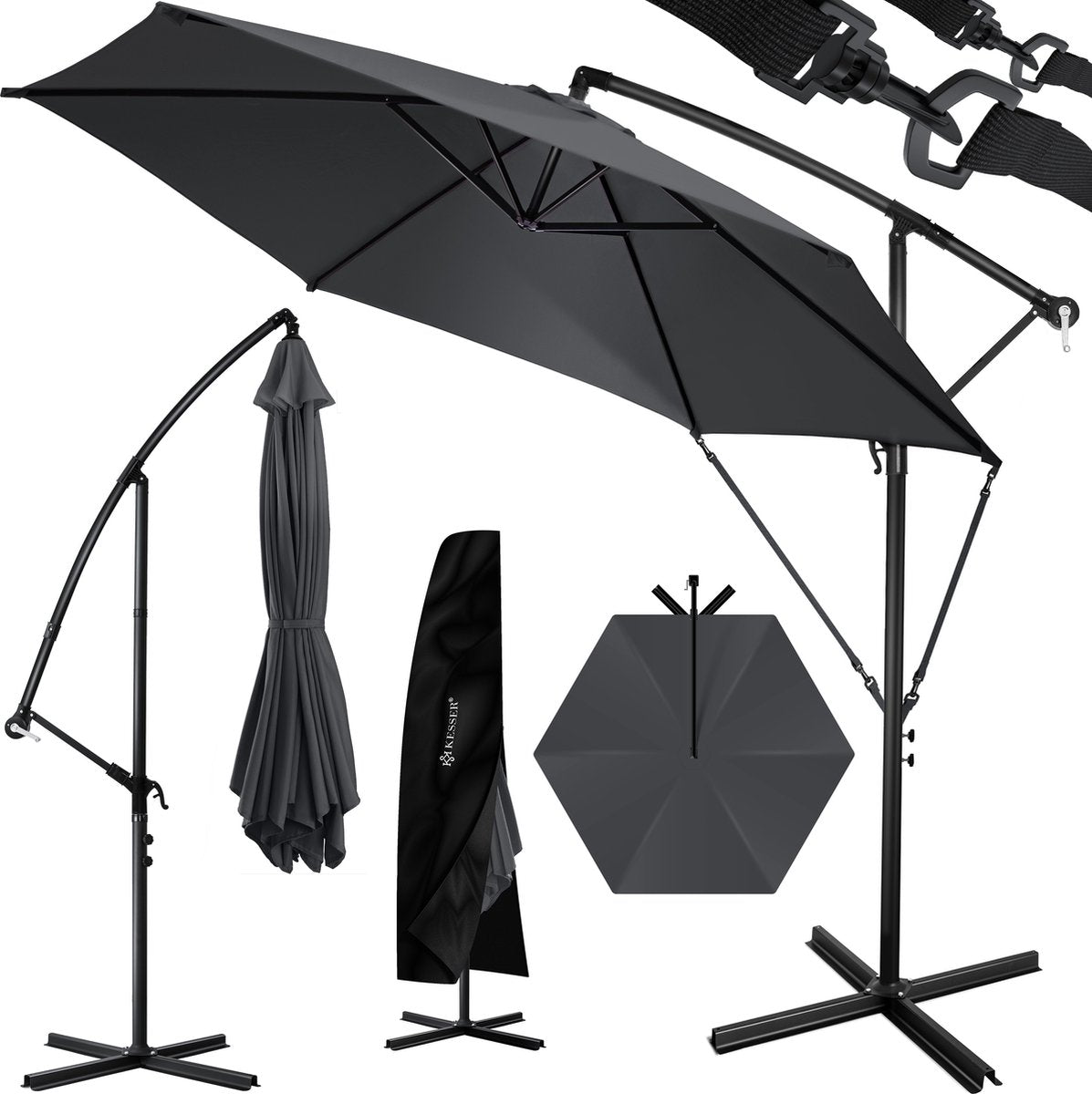 KESSER® Zweefparasol met voet  - Ø3,5m - 360° Draaibaar  - Antraciet