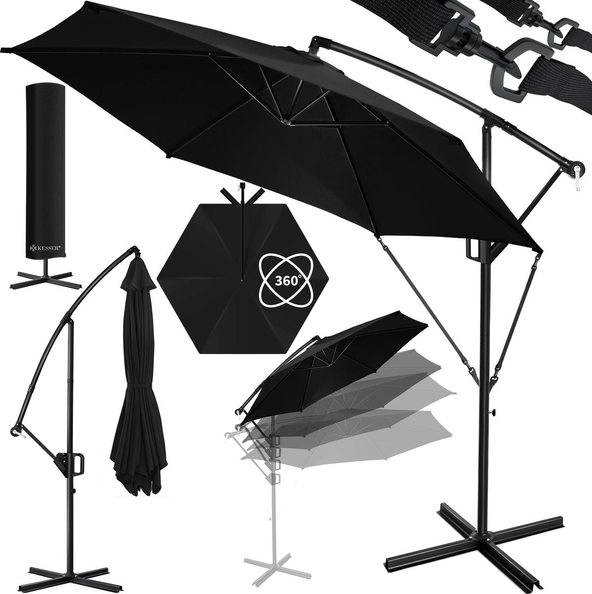 KESSER® Zweefparasol met voet  - Ø3m - 360° Draaibaar  - Zwart