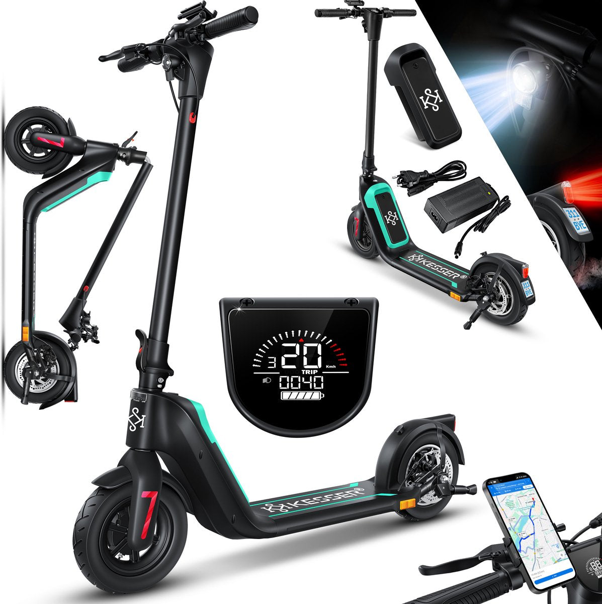 KESSER® Elektrische Step 10" E-Scooter Max. 25km/h - Electrische Scooter Bereik ±40km Opvouwbare 450W E-Step 10ah max. belasting tot 120 kg - Zwart