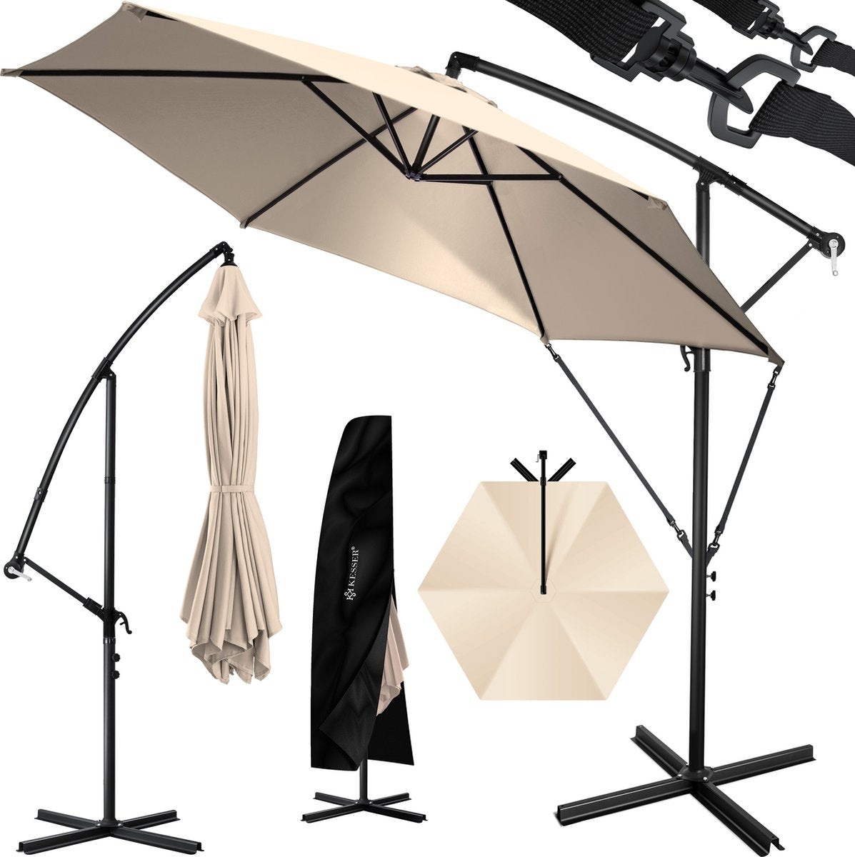 KESSER® Zweefparasol met voet  - Ø3,5m - 360° Draaibaar  - Beige