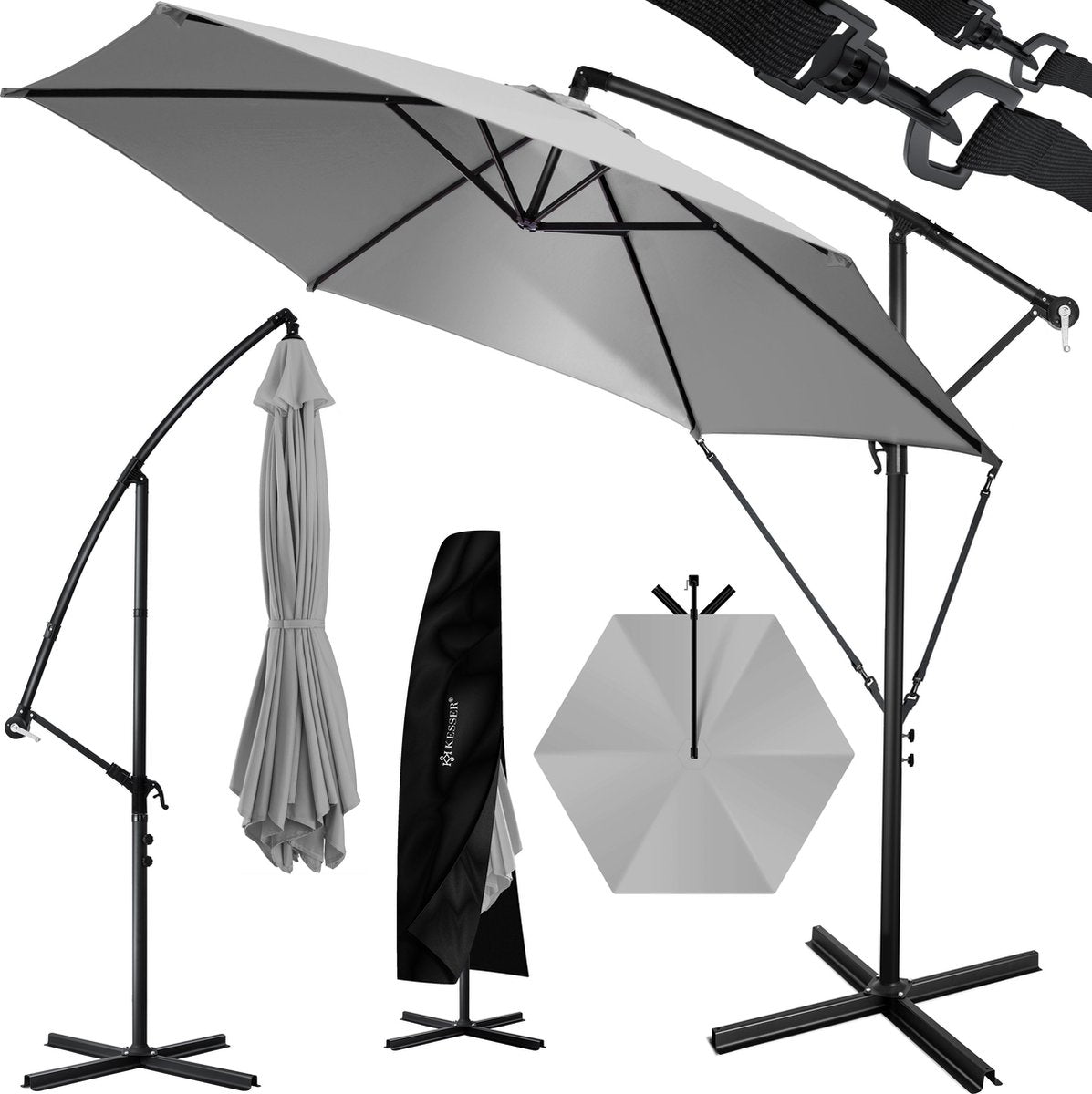 KESSER® Zweefparasol met voet  - Ø 3m - 360° Draaibaar  - Lichtgrijs