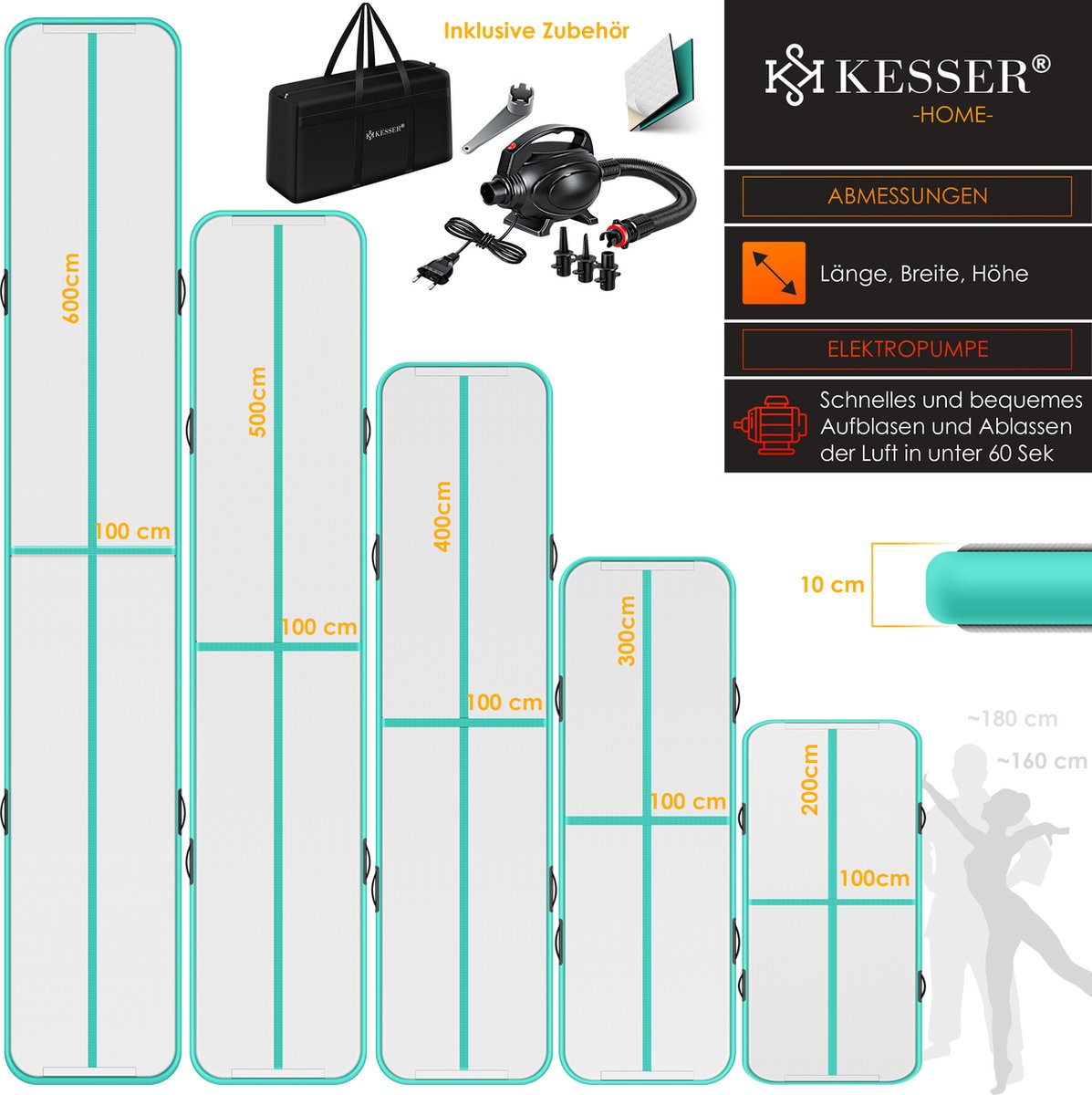 KESSER® Gymnastiekmat - Airtrack - Turnmat - 4M - Mintgroen