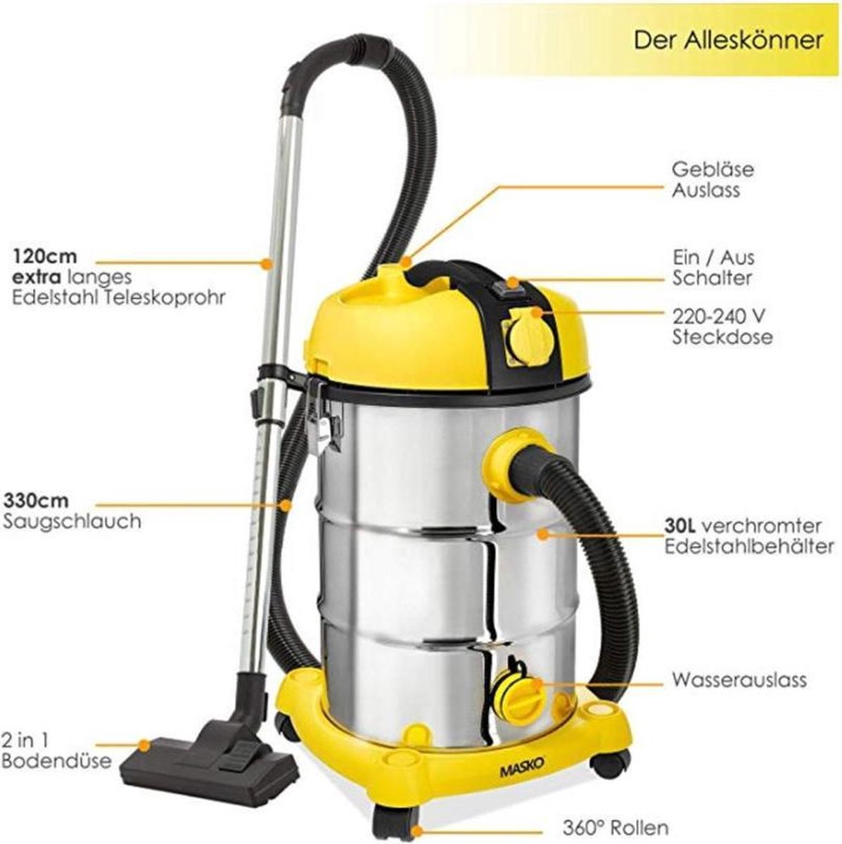 MASKO® Industriële stofzuiger 2300W - Droog- & Natzuigen - Geel