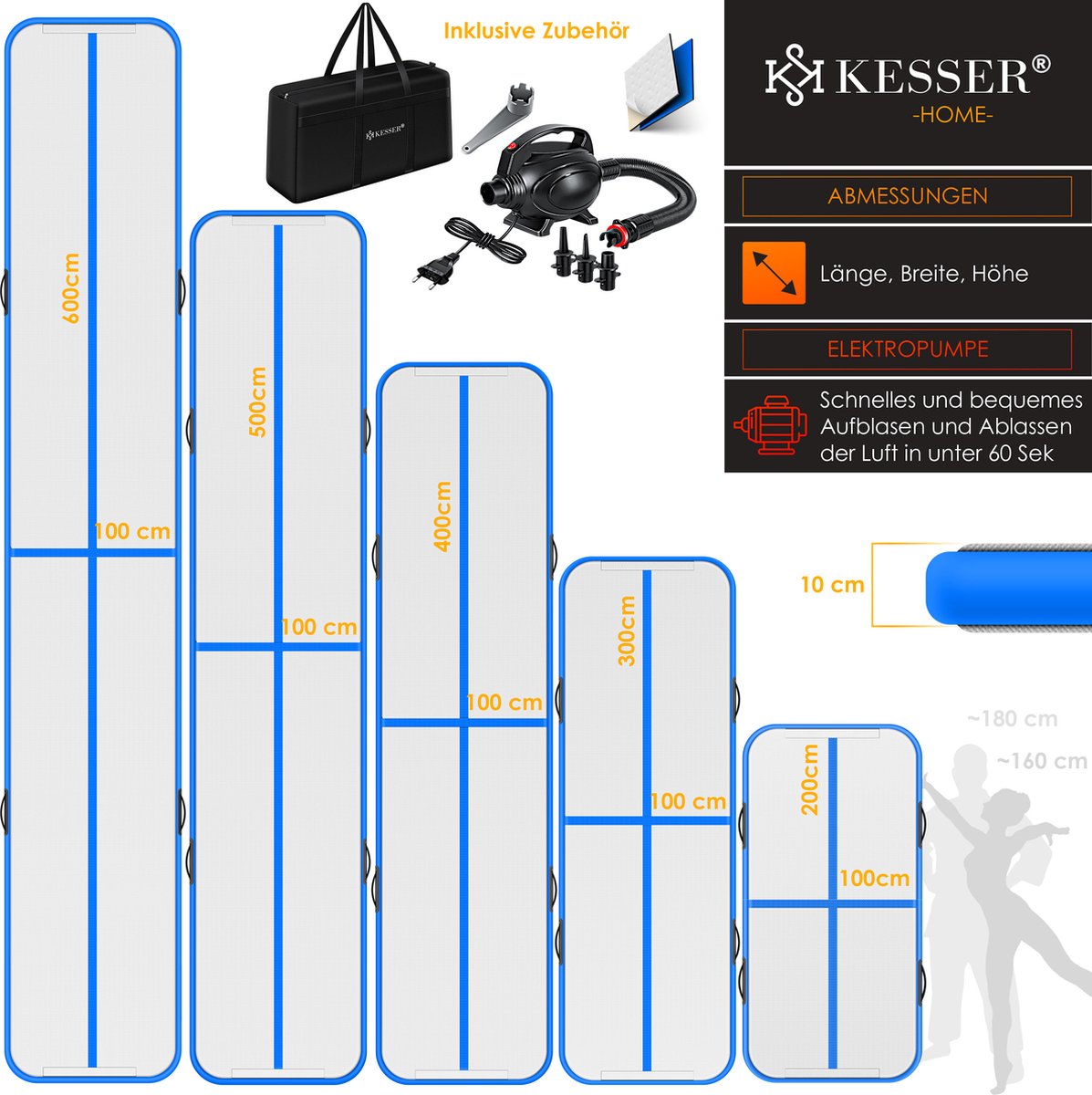 KESSER® Gymnastiekmat - Airtrack - Turnmat - 3M - Blauw •